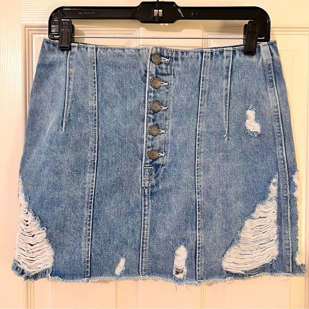 Carmar Mini Denim Skirt Button Fly Shredded Size 28